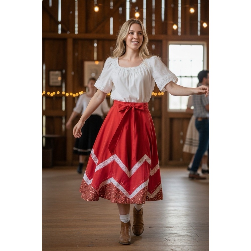 Carefree Fashions Vintage Square Dance Set Red White Lace Skirt Blouse Medium